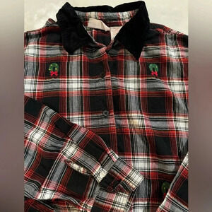 Ugly Christmas Plaid Wreath Embroidered Button Down Velvet Collar Granny Shirt
